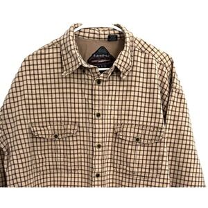 FRYDAY Club Shirt Mens XL‎ Beige Brown Plaid Barracudas Outdoor Fishing Pocket